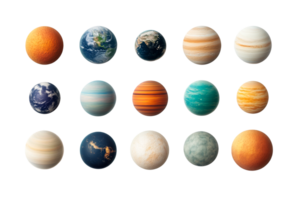 Planets set variety on black background, cut out transparent png