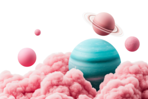 Pink and blue planets with clouds isolated on black background, cut out transparent png