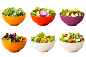Assorted salad bowls of different vegetables, healthy food, cut out transparent png