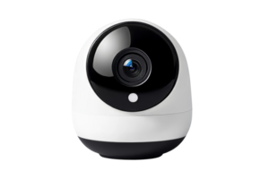 Modern security camera with round shape, white and black, cut out transparent png