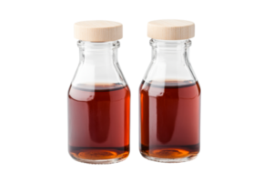 Two syrup glass bottles with wood caps, transparent background, cut out transparent png