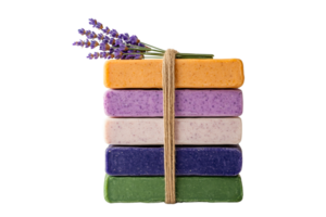 Stack of fragrant lavender soaps tied with jute, cut out transparent png