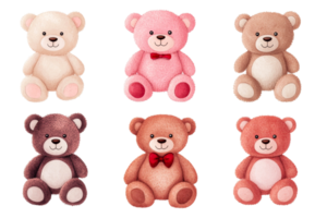 Six teddy bears in different colors, arranged in rows, cut out transparent png
