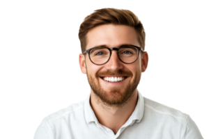 Smiling man with glasses portrait, positive emotion, cut out transparent png