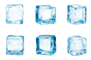 Six ice cubes in close-up studio shot with details, cut out transparent png