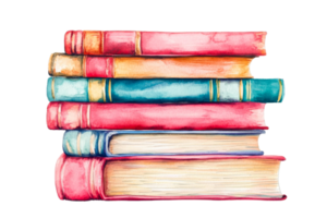 Stack of books with colorful watercolor effect, illustration, cut out transparent png