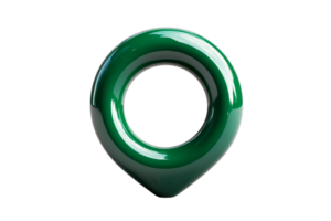 Glossy green map pointer sign with central hole, cut out transparent png