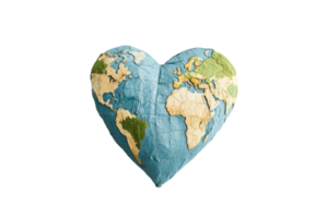 Heart shaped globe featuring continents and oceans, cut out transparent png