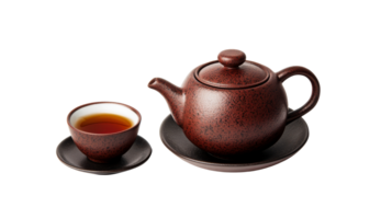Tea set with teapot and cup on black background, cut out transparent png