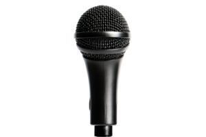 Black microphone in focus, on black background, cut out transparent png