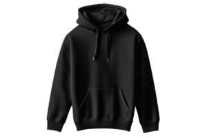 Black unisex hoodie with strings on a black background, cut out transparent png