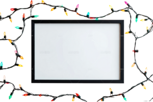 Festive frame adorned with vibrant Christmas lights, cut out transparent png