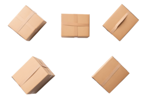 Brown shipping boxes in different angles on black background, cut out transparent png