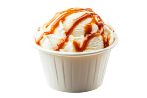 Vanilla ice cream in paper cup with caramel topping, cut out transparent png