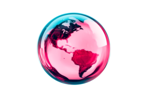 Crystal Earth globe with shiny surface, reflection, continent map, cut out transparent png