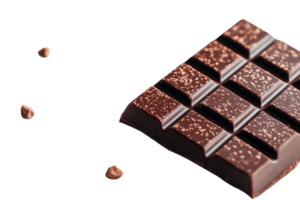 Chocolate bar with toppings and pieces on black background, cut out transparent png