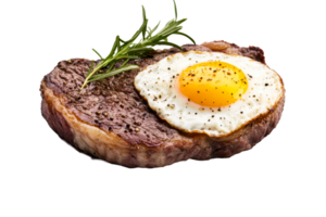 Fried egg on steak, cut out transparent png