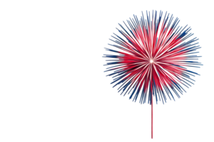 Red and blue exploding firework with tail on black backdrop, cut out transparent png