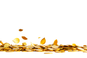Golden coins and leaves falling in a heap, cut out transparent png