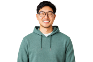 Smiling Asian man in hoodie portrait on black background, cut out transparent png