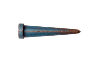 Worn blue metal tool with rust in a macro close up view, cut out transparent png
