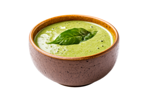 Creamy Green Soup in rustic Bowl, leaf garnish, smooth texture, cut out transparent png
