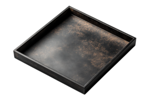 Empty square tray with grunge texture on black background, cut out transparent png