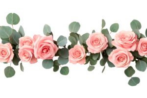 Pink roses and eucalyptus arrangement on black background, cut out transparent png