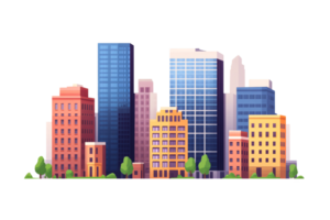 Cityscape with buildings, trees, architectural, construction, urban design, cut out transparent png