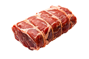 Roast beef tied with string against a black background, cut out transparent png