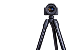 Modern camera with lens on tripod for professional photography, cut out transparent png