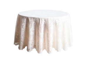 Round table covered with laced tablecloth isolated, cut out transparent png