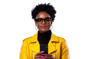 Stylish woman in yellow jacket using smartphone, cut out transparent png