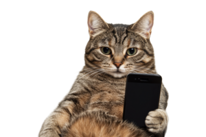Curious cat holds smartphone in playful pose png