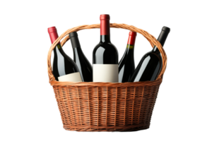 Wine basket with assorted bottles for gatherings png