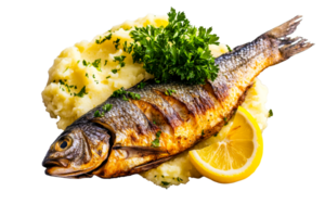 Grilled fish with mashed potatoes lemon png