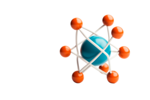 Model of an atom with colorful particles in a lab png