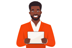 Man with Tablet Device, Orange Jacket, Smiling Confidently, cut out transparent png