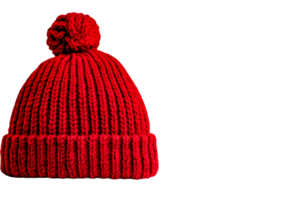 Knitted red winter hat with pompom, isolated on background, cut out transparent png