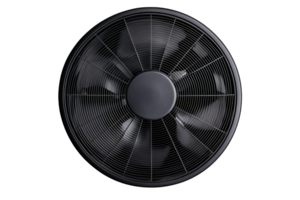 Rotating black fan with protection grid on background, cut out transparent png