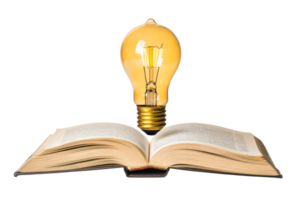 Open book and glowing lightbulb, educational concept , cut out transparent png