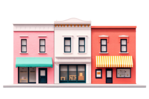 Three colorful storefronts in a row, brick buildings , cut out transparent png