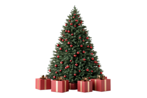 Decorated Christmas tree with red ornaments and presents, cut out transparent png
