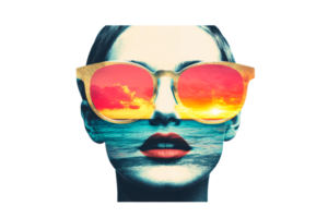Portrait of woman in sunglasses reflecting sunset, cut out transparent png