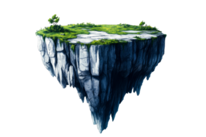 Floating island with green grass and trees isolated, cut out transparent png