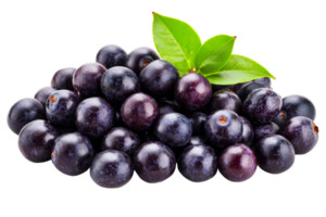 Pile of fresh ripe jaboticaba fruits with green leaves, cut out transparent png