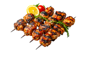 Grilled chicken skewers with lemon and rosemary, cut out transparent png