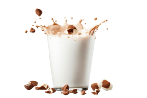 Chocolate milk splash with candy chunks in glass, cut out transparent png