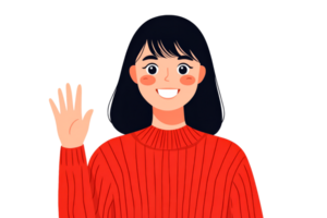 Smiling cartoon girl waving in sweater, friendly gesture, cut out transparent png