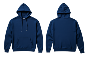 Navy hoodie front and back on black background, cut out transparent png